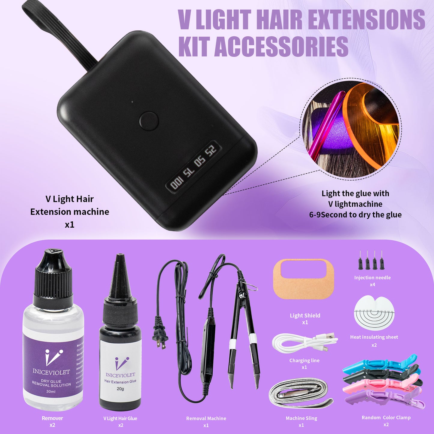 Iniceviolet Black Mini UV Light Hair Extension Tool Set