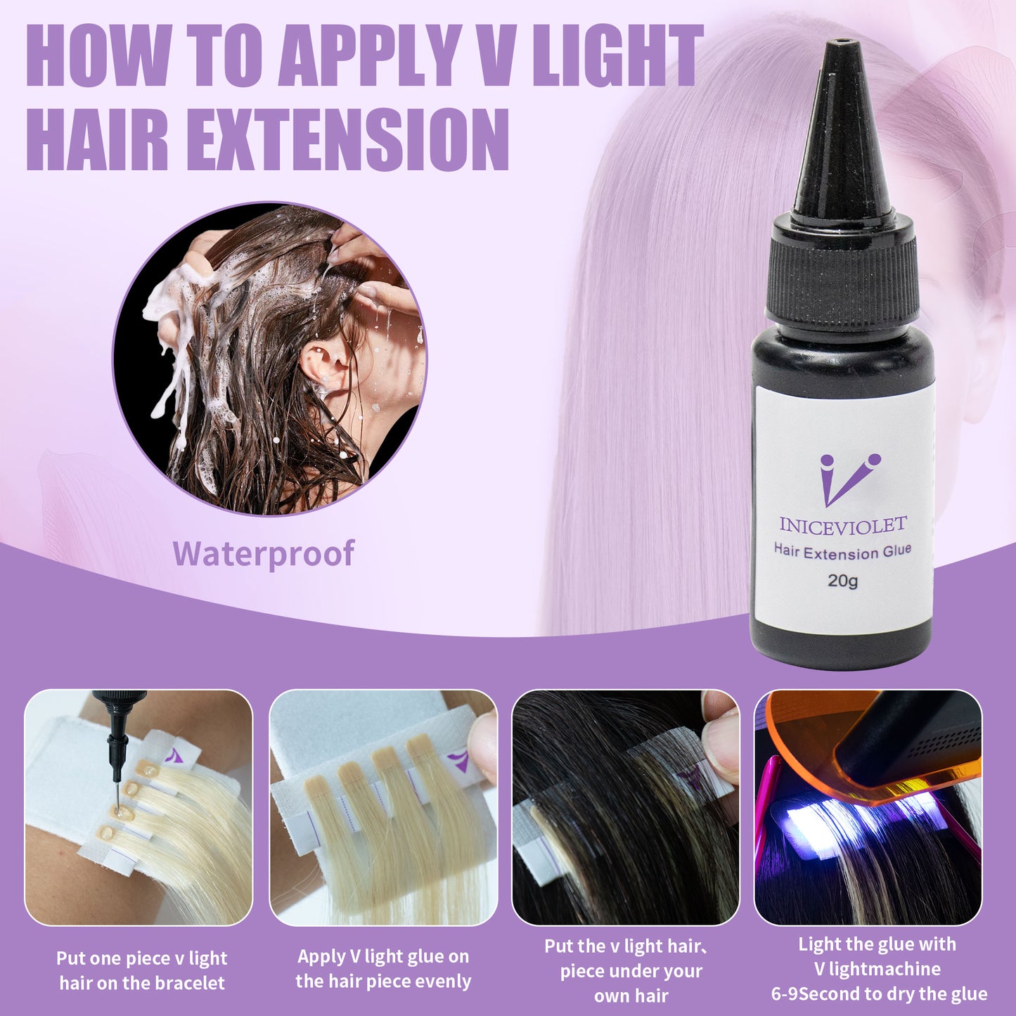 Iniceviolet Black Mini UV Light Hair Extension Tool Set