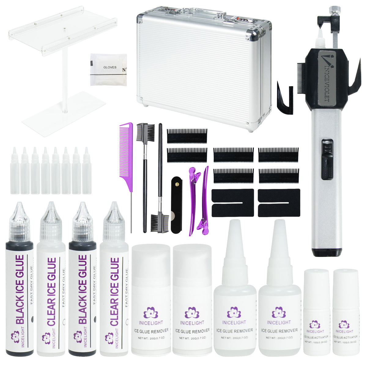 INICEVIOLET Kit de extensiones de cabello con pegamento de hielo - Sistema de pegamento en frío sin rastro, herramienta de unión manual invisible sin calor y sin UV, juego completo de calidad de salón (plateado)
