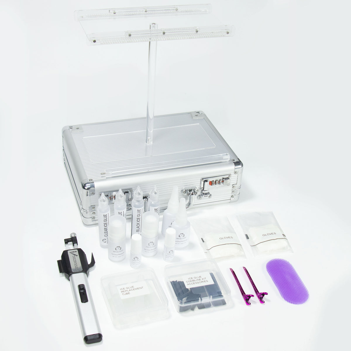 INICEVIOLET Kit de extensiones de cabello con pegamento de hielo - Sistema de pegamento en frío sin rastro, herramienta de unión manual invisible sin calor y sin UV, juego completo de calidad de salón (plateado)