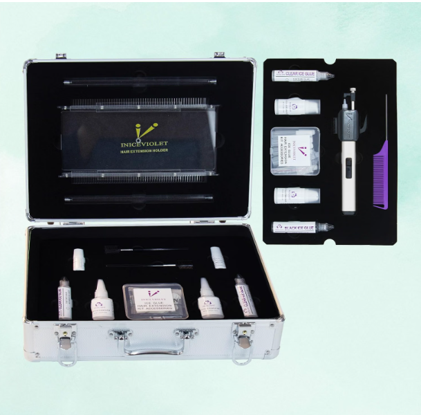 INICEVIOLET Kit de extensiones de cabello con pegamento de hielo - Sistema de pegamento en frío sin rastro, herramienta de unión manual invisible sin calor y sin UV, juego completo de calidad de salón (plateado)